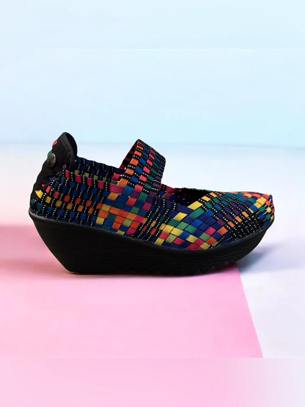 Bernie Mev Lulia Womens Wedge Mary Jane Black Multi Woven Elastic Shoes US 7